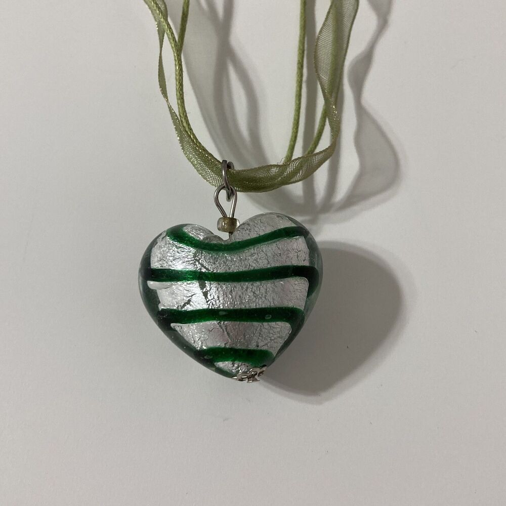 Puffy Solid Glass Heart Green Swirl Sheer Ribbon Silver Toned Foil Necklace